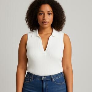 H Halston White Ribbed Knit Sleeveless Collared Polo Top Women’s XL